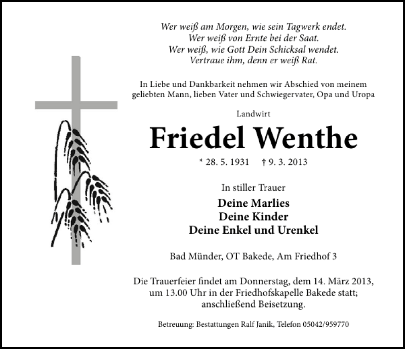  Traueranzeige für Friedel Wenthe vom 12.03.2013 aus Neue Deister-Zeitung