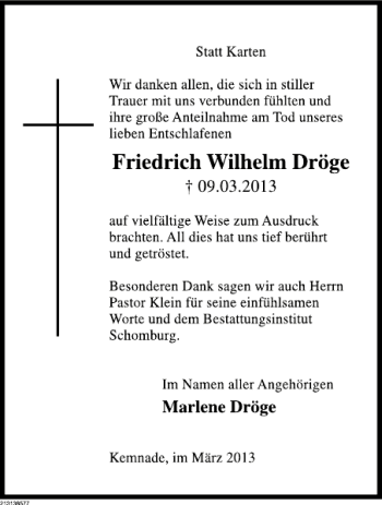 Traueranzeige von Friedrich Wilhelm Dröge von Deister- und Weserzeitung