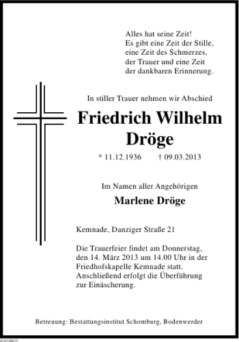 Traueranzeige von Friedrich Wilhelm Dröge von Deister- und Weserzeitung