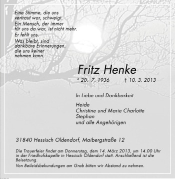 Traueranzeige von Fritz Henke von Deister- und Weserzeitung