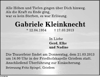 Traueranzeige von Gabriele Kleinknecht von Deister- und Weserzeitung
