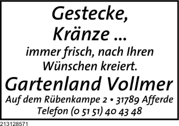 Traueranzeige von Gartenland Vollmer Gestecke von Deister- und Weserzeitung
