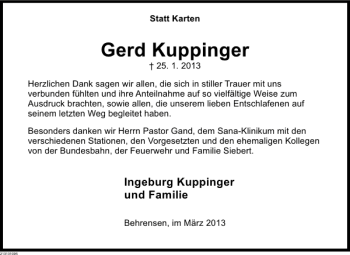 Traueranzeige von Gerd Kuppinger von Deister- und Weserzeitung