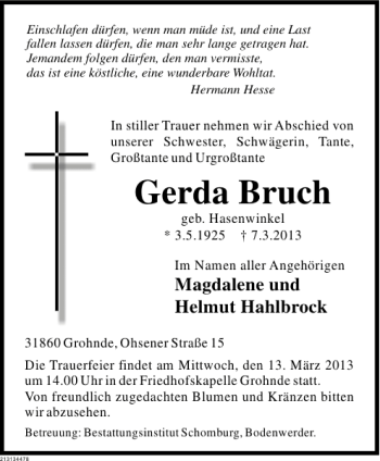 Traueranzeige von Gerda Bruch von Deister- und Weserzeitung