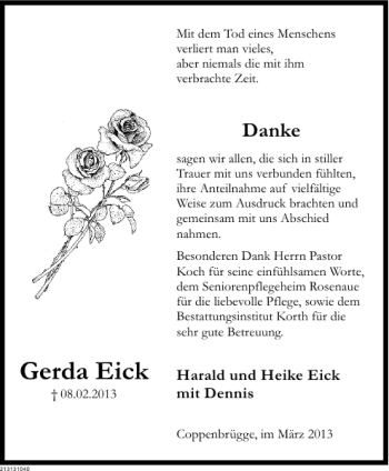 Traueranzeige von Gerda Eick von Deister- und Weserzeitung