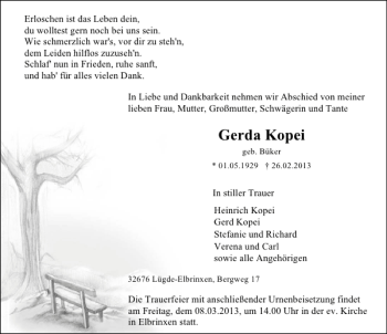 Traueranzeige von Gerda Kopei von Deister- und Weserzeitung