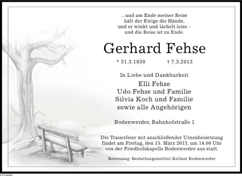  Traueranzeige für Gerhard Fehse vom 13.03.2013 aus Deister- und Weserzeitung