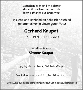 Traueranzeige von Gerhard Kaupat von Deister- und Weserzeitung