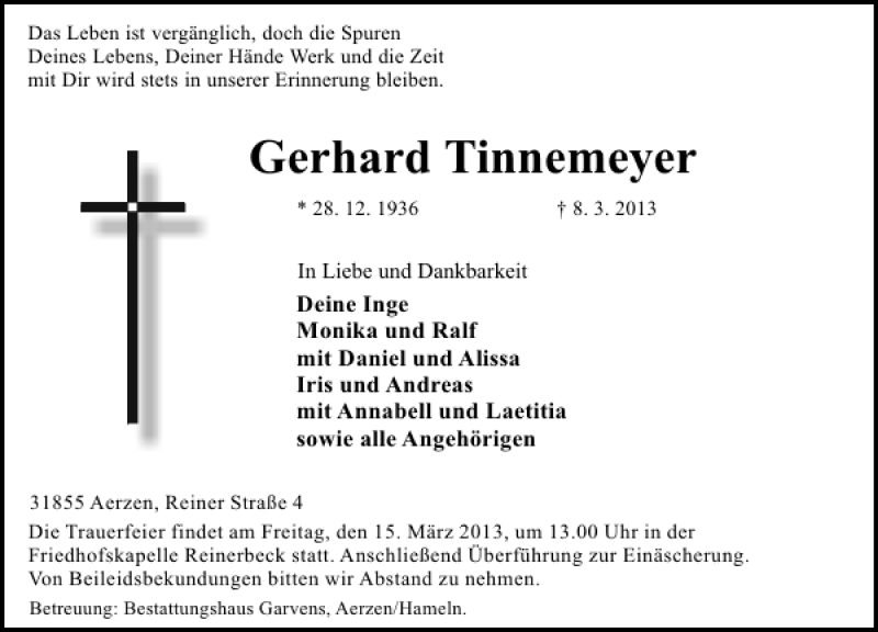  Traueranzeige für Gerhard Tinnemeyer vom 12.03.2013 aus Deister- und Weserzeitung