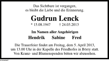 Traueranzeige von Gudrun Lenck von Deister- und Weserzeitung