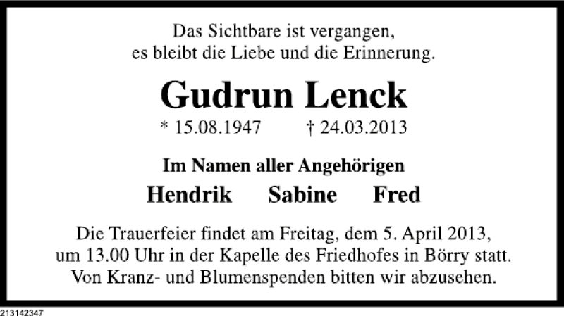  Traueranzeige für Gudrun Lenck vom 30.03.2013 aus Deister- und Weserzeitung
