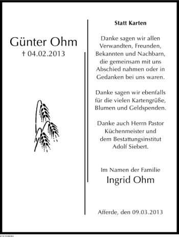 Traueranzeige von Günter Ohm TRDGS. von Deister- und Weserzeitung