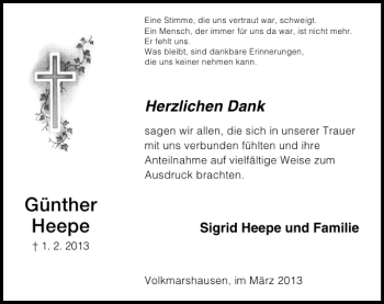 Traueranzeige von Günther Heepe von Deister- und Weserzeitung