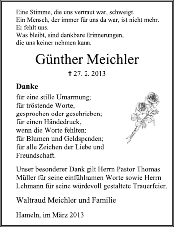 Traueranzeige von Günther Meichler von Deister- und Weserzeitung