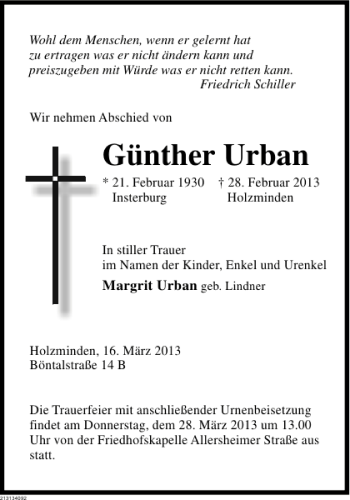 Traueranzeige von Günther Urban von Deister- und Weserzeitung