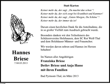 Traueranzeige von Hannes Briese von Deister- und Weserzeitung