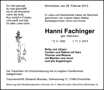 Traueranzeige von Hanni Fachinger von Deister- und Weserzeitung