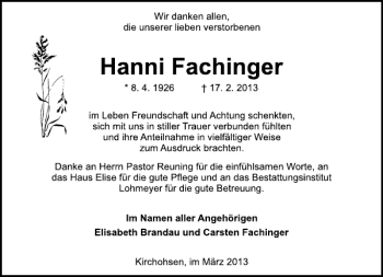 Traueranzeige von Hanni Fachinger von Deister- und Weserzeitung