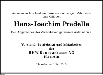Traueranzeige von Hans-Joachim Pradella von Deister- und Weserzeitung