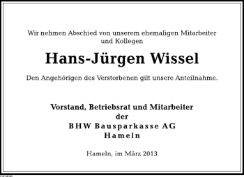 Traueranzeige von Hans-Jürgen Wissel von Deister- und Weserzeitung