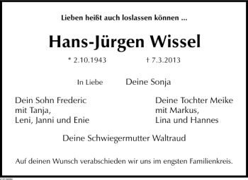 Traueranzeige von Hans-Jürgen Wissel von Deister- und Weserzeitung