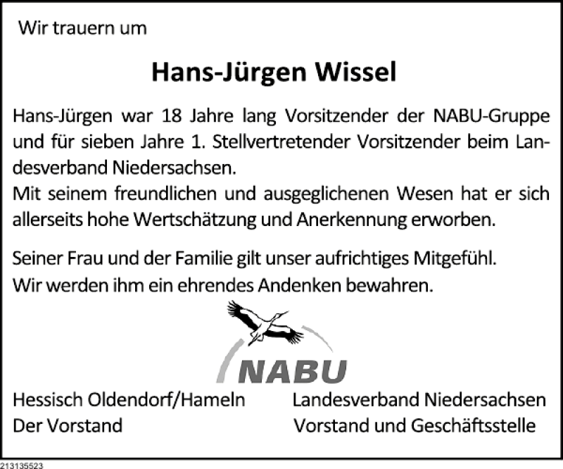  Traueranzeige für Hans-Jürgen Wissel / NABU vom 14.03.2013 aus Deister- und Weserzeitung