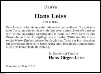 Traueranzeige von Hans Leiss von Deister- und Weserzeitung