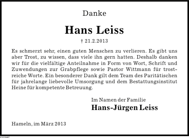 Traueranzeige für Hans Leiss vom 09.03.2013 aus Deister- und Weserzeitung