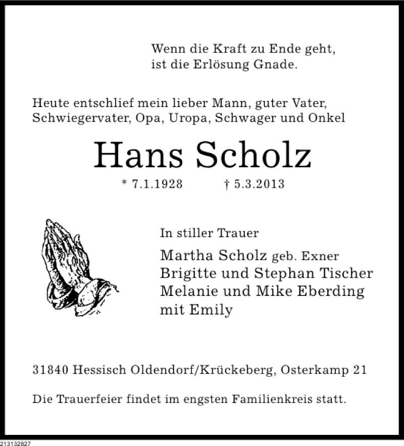  Traueranzeige für Hans Scholz vom 07.03.2013 aus Deister- und Weserzeitung