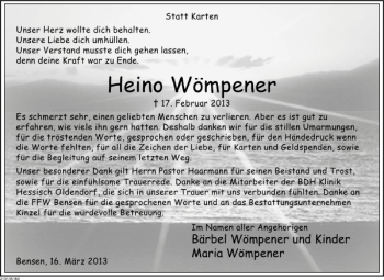 Traueranzeige von Heino Wömpener von Deister- und Weserzeitung