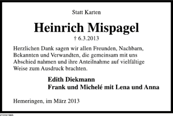 Traueranzeige von Heinrich Mispagel von Deister- und Weserzeitung