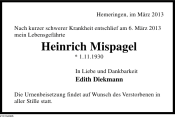 Traueranzeige von Heinrich Mispagel von Deister- und Weserzeitung