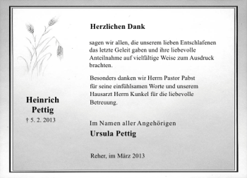 Traueranzeige von Heinrich Pettig von Deister- und Weserzeitung