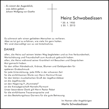 Traueranzeige von Heinz Schwabedissen von Deister- und Weserzeitung