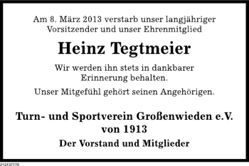 Traueranzeige von Heinz Tegtmeier NR von Deister- und Weserzeitung