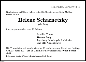 Traueranzeige von Helene Scharnetzky von Deister- und Weserzeitung