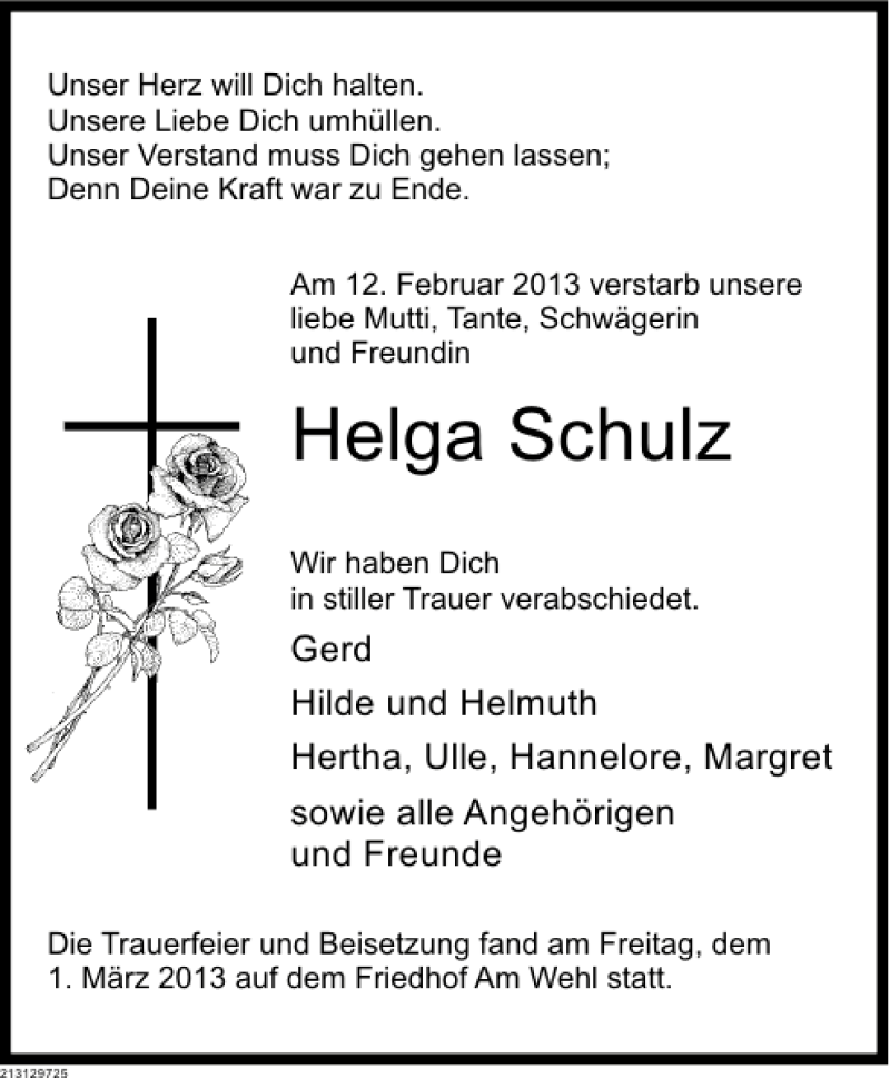  Traueranzeige für Helga Schulz vom 02.03.2013 aus Deister- und Weserzeitung