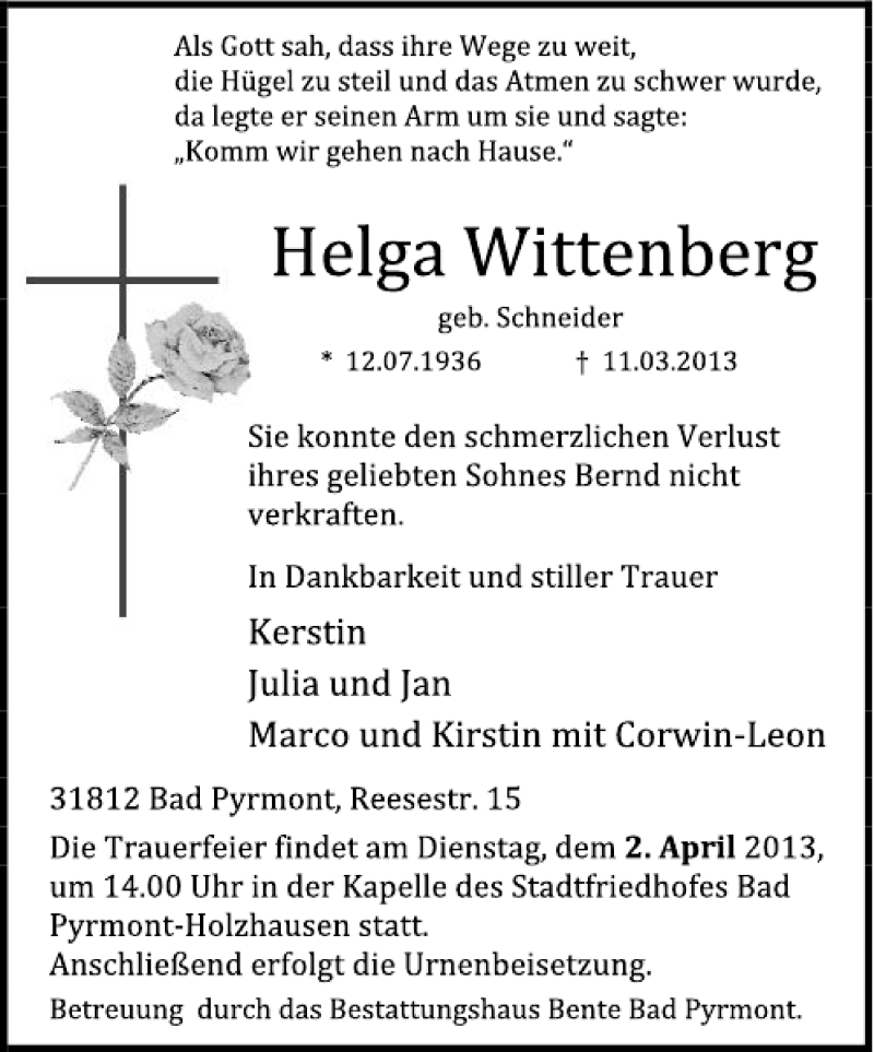  Traueranzeige für Helga Wittenberg vom 22.03.2013 aus Deister- und Weserzeitung
