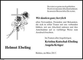 Traueranzeige von Helmut Ebeling von Deister- und Weserzeitung
