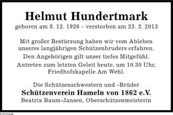 Traueranzeige von Helmut Hundertmark von Deister- und Weserzeitung