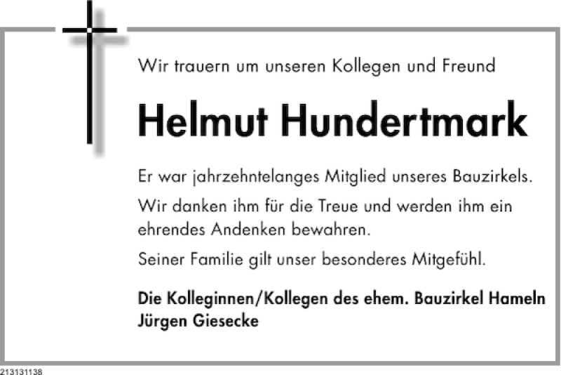  Traueranzeige für Helmut Hundertmark vom 02.03.2013 aus Deister- und Weserzeitung