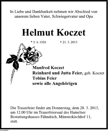 Traueranzeige von Helmut Koczet von Deister- und Weserzeitung