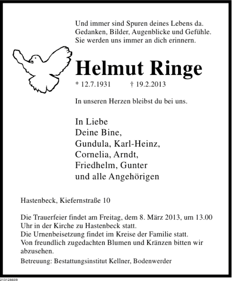  Traueranzeige für Helmut Ringe vom 02.03.2013 aus Deister- und Weserzeitung