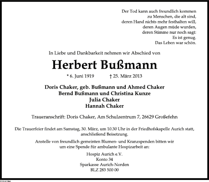  Traueranzeige für Herbert Bußmann vom 27.03.2013 aus Deister- und Weserzeitung
