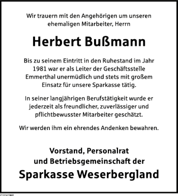 Traueranzeige von Herbert Bußmann von Deister- und Weserzeitung