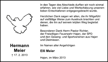 Traueranzeige von Hermann Meier von Deister- und Weserzeitung