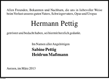 Traueranzeige von Hermann Pettig von Deister- und Weserzeitung