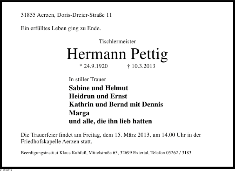  Traueranzeige für Hermann Pettig vom 13.03.2013 aus Deister- und Weserzeitung