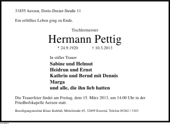 Traueranzeige von Hermann Pettig von Deister- und Weserzeitung