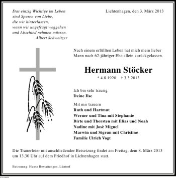 Traueranzeige von Hermann Stöcker von Deister- und Weserzeitung